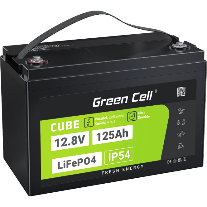 Green Cell CUBE LiFePO4 125Ah 12.8V 1600Wh Lithium Iron Phosphate Battery for Camper, Solar, Off-Grid System, Boat