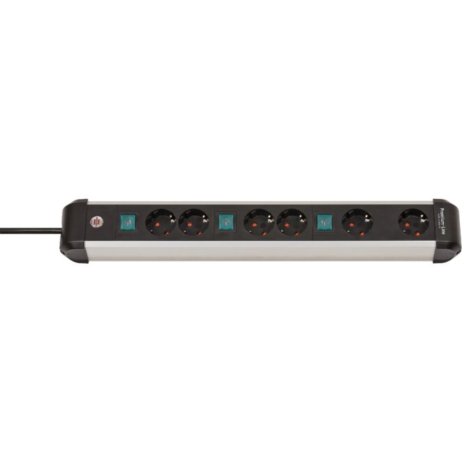 Brennenstuhl Premium-Alu-Line Extension Lead 6-way / Power Strip made of high-quality aluminium 3x 2-way switchable sockets, 3m, Black/Silver